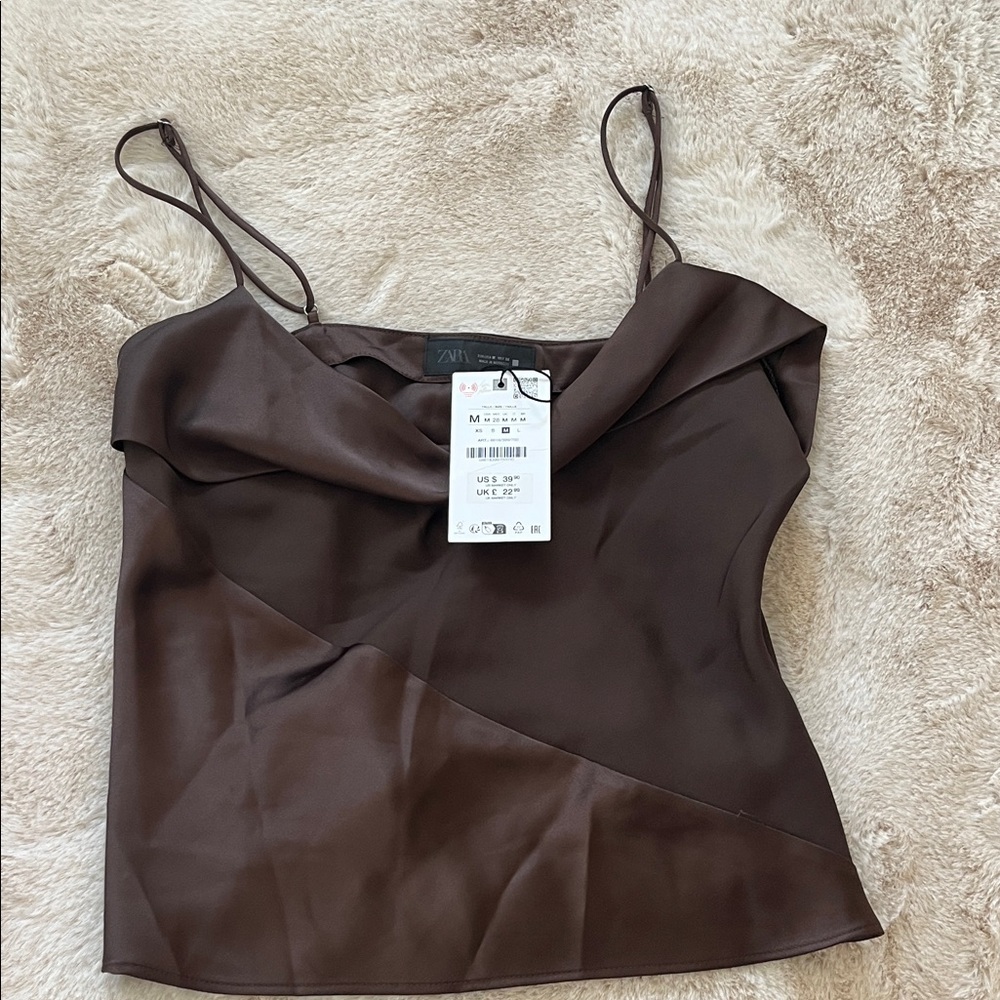 Zara Brown Satin Cowl Neck Camisole